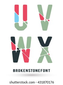 Alphabet broken font template. Set of letters U, V, W, X logo or icon. Vector illustration.