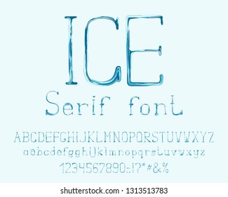 Alphabet brush design, blue ice color. Vector letters, numbers and punctuation marks