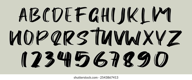 Alphabet brush drawn letters and numbers vector illustration. Various typography symbols and signs. Hand drawn characters with rough ink texture.