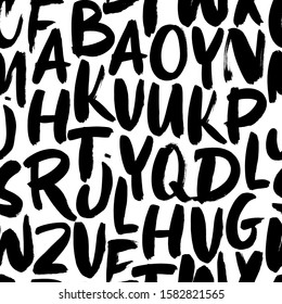 Alphabet brush letters seamless pattern. Vector hand drawn grunge calligraphy background. Hand drawn typography ink elements. Black and white paint smears alphabet ornament. Uppercase letters set