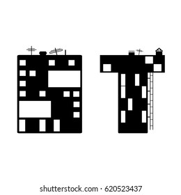 Alphabet building. Letter S and T for icon and logo. Alphabetic flat black house.