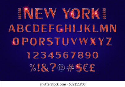 Alphabet with Bulb Lamps Red Gold Light. Isolated on black background. Vector illustration vector