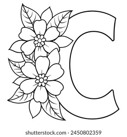 Alphabet C coloring page with the flower, C letter digital outline floral coloring page, ABC coloring page