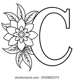 Alphabet C coloring page with the flower, C letter digital outline floral coloring page, ABC coloring page