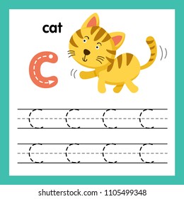 Alphabet C exercise with cartoon vocabulary illustration, vector