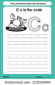 Alphabet c exercise with cartoon vocabulary for coloring book illustration, vector