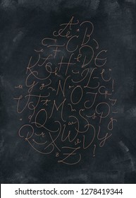 Alphabet in calligraphic pen line style drawing with gold color on dark background