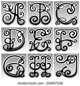 Alphabet Calligraphy, twisted, floral letters executed in black and white. Vector illustration.