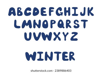 Alphabet with capital letters. Cute blue hand drawn vector font. Capital letters. Vector illustration