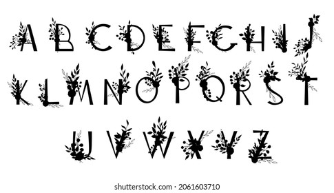 Alphabet, capital letters, decorated with a delicate bouquet. Set of flower arrangements for congratulations, wedding, invitations, anniversary.