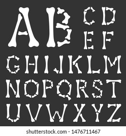 Alphabet. Capital letters made of bones on a black background. Hand drawing style. Vector illustration