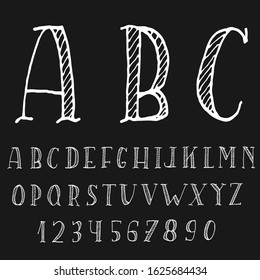 Alphabet with capital letters and numbers only. Hatched handwritten  font. White ABC on a black background. Slightly curved letters for signage and lettering
