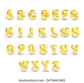 Alphabet capital letters shown in gold color in isometry. Letters come in different sizes and shapes. The letters are arranged in rows and columns.
