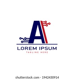 logo de la capital del alfabeto. Diseño creativo de color azul con ilustración de chip eléctrico, letra A logotipo para identidad empresarial inicial.