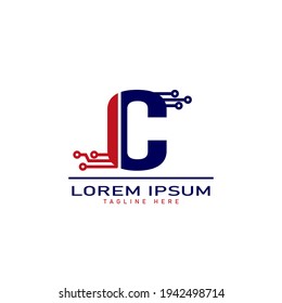 logo de la capital del alfabeto. Diseño creativo de color azul con ilustración de chip eléctrico, logotipo de letra C para identidad empresarial inicial.