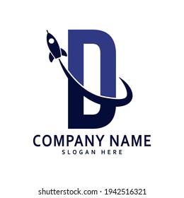 alphabet capital logo. Creative design concept blue color with rocket launch, letter D logo for initial business identity.
