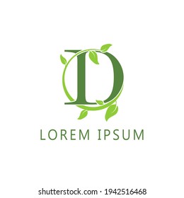 logo de la capital del alfabeto. Diseño creativo de color verde con planta orgánica, letra D logotipo para identidad empresarial inicial.