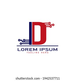alphabet capital logo. Creative design concept blue color with electrical chip illustration, letter D logo for initial business identity.
