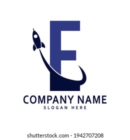 alphabet capital logo. Creative design concept blue color with rocket launch, letter E logo for initial business identity.
