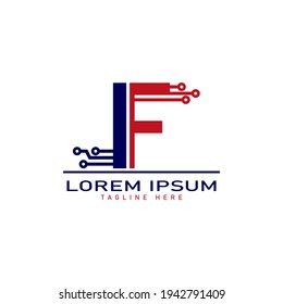 alphabet capital logo. Creative design concept blue color with electrical chip illustration, letter F logo for initial business identity.