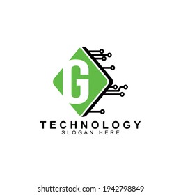 alphabet capital logo. Creative design concept green color with electrical chip illustration, letter G logo for initial business identity.