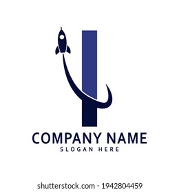 alphabet capital logo. Creative design concept blue color with rocket launch, letter I logo for initial business identity.