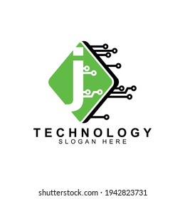 alphabet capital logo. Creative design concept green color with electrical chip illustration, letter J logo for initial business identity.