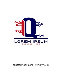 alphabet capital logo. Creative design concept blue color with electrical chip illustration, letter Q logo for initial business identity.