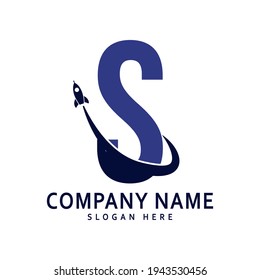 alphabet capital logo. Creative design concept blue color with rocket launch, letter S logo for initial business identity.