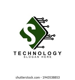 alphabet capital logo. Creative design concept green color with electrical chip illustration, letter S logo for initial business identity.