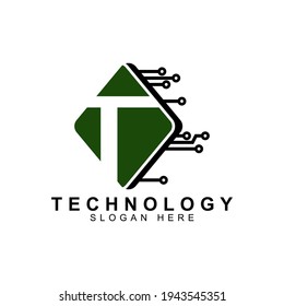 alphabet capital logo. Creative design concept green color with electrical chip illustration, letter T logo for initial business identity.