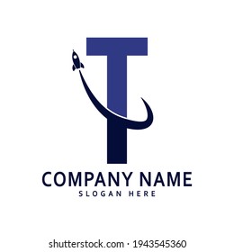 alphabet capital logo. Creative design concept blue color with rocket launch, letter T logo for initial business identity.