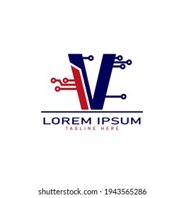 alphabet capital logo. Creative design concept blue color with electrical chip illustration, letter V logo for initial business identity.