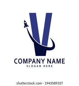 Logo des Alphabets. Creative Design Konzept blaue Farbe mit Raketenstart, Buchstabe V Logo für die erste Business-Identität.