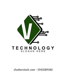 logo de la capital del alfabeto. Diseño creativo de color verde con ilustración de chip eléctrico, letra V logotipo para la identidad empresarial inicial.