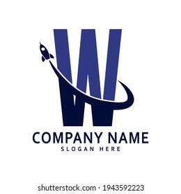 logo de la capital del alfabeto. Diseño creativo de color azul con lanzamiento de cohete, letra W logotipo para identidad empresarial inicial.