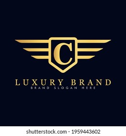 Alphabet capital logo creative design luxury concept with wings ornament silhouette for initial business identity with hidden letter C