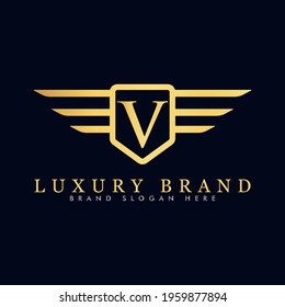 Alphabet capital logo creative design luxury concept with wings ornament silhouette for initial business identity with hidden letter V