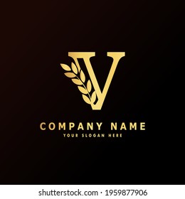 Alphabet capital logo creative design luxury concept with leaf ornament silhouette for initial business identity with hidden letter V