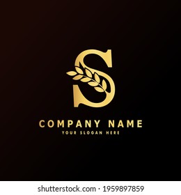 Alphabet capital logo creative design luxury concept with leaf ornament silhouette for initial business identity with hidden letter S