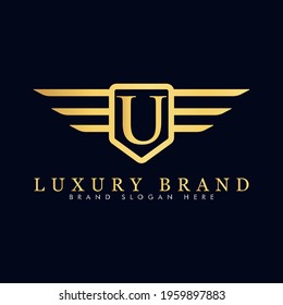 Alphabet capital logo creative design luxury concept with wings ornament silhouette for initial business identity with hidden letter U