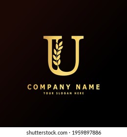 Alphabet capital logo creative design luxury concept with leaf ornament silhouette for initial business identity with hidden letter U