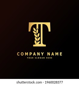 Alphabet capital logo creative design luxury concept with leaf ornament silhouette for initial business identity with hidden letter T