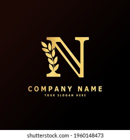 Alphabet capital logo creative design luxury concept with leaf ornament silhouette for initial business identity with hidden letter N