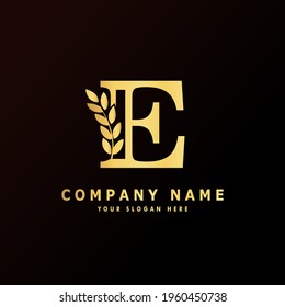 Alphabet capital logo creative design luxury concept with leaf ornament silhouette for initial business identity with hidden letter E