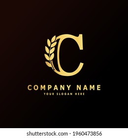 Alphabet capital logo creative design luxury concept with leaf ornament silhouette for initial business identity with hidden letter C