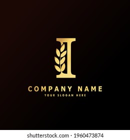 Alphabet capital logo creative design luxury concept with leaf ornament silhouette for initial business identity with hidden letter I