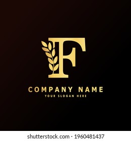 Alphabet capital logo creative design luxury concept with leaf ornament silhouette for initial business identity with hidden letter F
