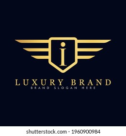 Alphabet capital logo creative design luxury concept with wings ornament silhouette for initial business identity with hidden letter I