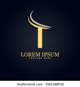 alphabet capital logo. Creative design concept golden and silver color with swoosh, for initial business identity letter T